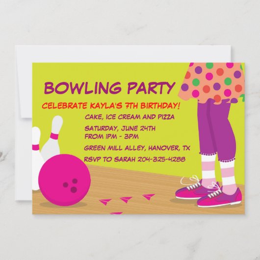 女の子のレトロボウリング誕生日パーティーの招待状 招待状 (正面)