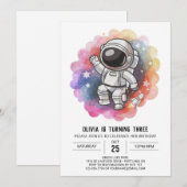 女の子のロケットエレガンス宇宙飛行士誕生日 招待状 (正面/裏面)