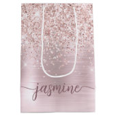 女の子のローズゴールド ブッシュ グリッター モノグラム 名前 スクリプト ミディアムペーパーバッグ (裏面)