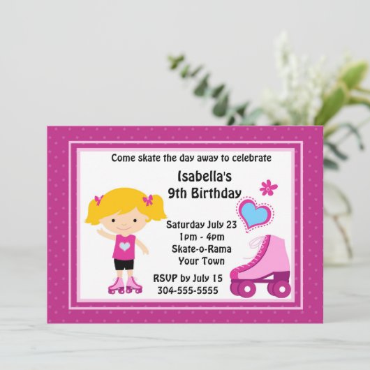 女の子のローラースケートで滑るの誕生会 招待状 (スタンド正面)