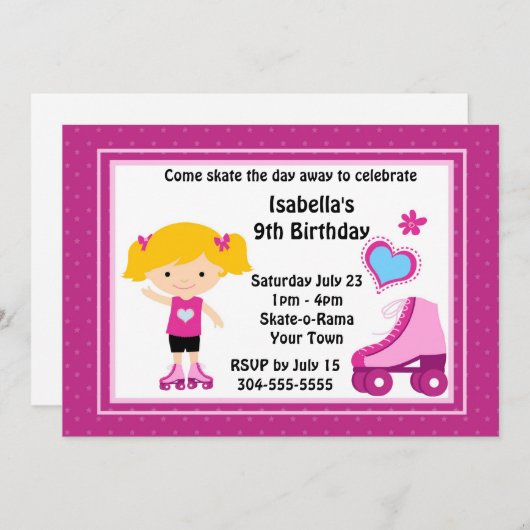女の子のローラースケートで滑るの誕生会 招待状 (正面/裏面)