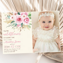 女の子のワイルドフラワー1歳誕生日パーティーの写真 招待状