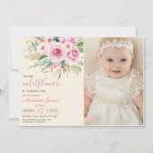 女の子のワイルドフラワー1歳誕生日パーティーの写真 招待状 (正面)
