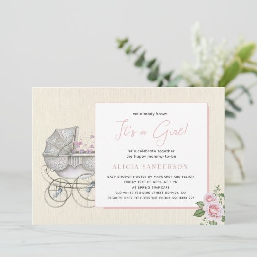 女の子のヴィンテージとバラの赤ちゃんシャワー 招待状 (スタンド正面)