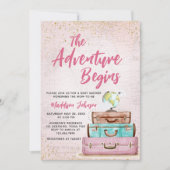 女の子のヴィンテージアドベンチャーが赤ちゃんのシャワーを開始 招待状 (正面)