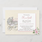女の子のヴィンテージベビーのキャリーシャワーパーティー 招待状 (正面)