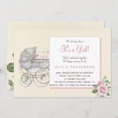 女の子のヴィンテージベビーのキャリーシャワーパーティー 招待状 (正面/裏面)