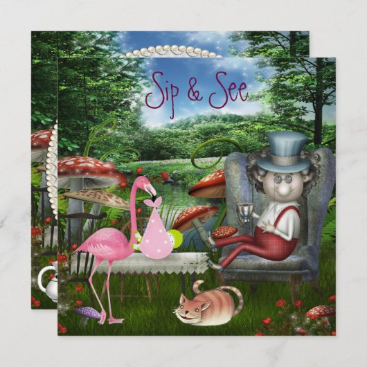 女の子の一口は及び帽子屋のお茶会のベビーシャワーを見ます 招待状 (正面/裏面)