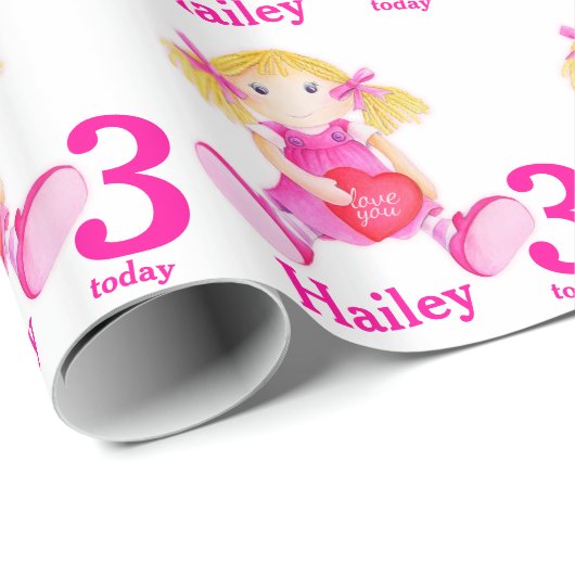 女の子の一流の年齢によって絵を描かれる縫いぐるみ人形の誕生日の覆い ラッピングペーパー (ロールコーナー)