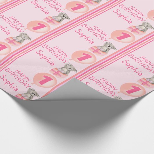 女の子の一流の年齢のかわいいコアラの誕生日の気球の覆い ラッピングペーパー (角)