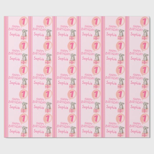 女の子の一流の年齢のかわいいコアラの誕生日の気球の覆い ラッピングペーパー (フラット)