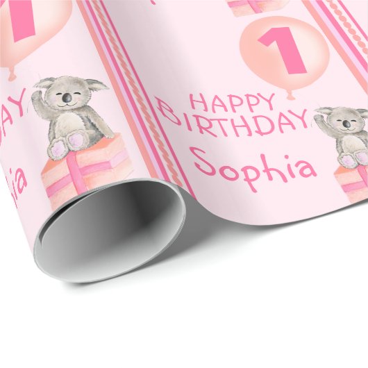 女の子の一流の年齢のかわいいコアラの誕生日の気球の覆い ラッピングペーパー (ロールコーナー)