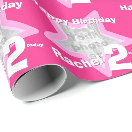 女の子の一流の年齢はあなたの写真のピンクの星パターンを加えます ラッピングペーパー (ロールコーナー)