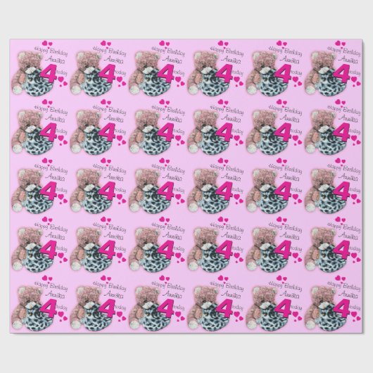 女の子の一流の年齢4の柔らかいおもちゃの誕生日のパターン（の模様が）あるな覆い ラッピングペーパー (フラット)