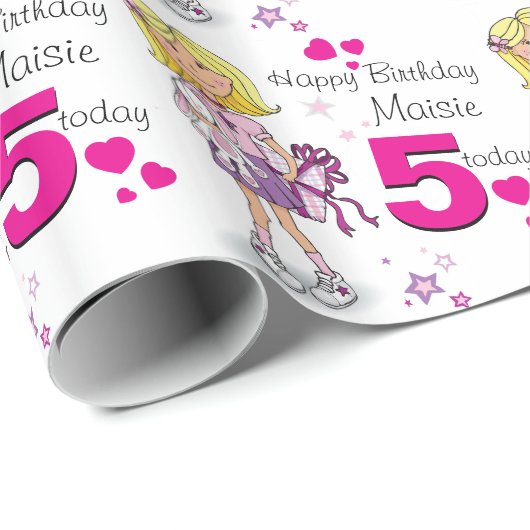 女の子の一流の年齢5つの誕生日の女の子のパターン(の模様が)あるな覆い ラッピングペーパー (ロールコーナー)