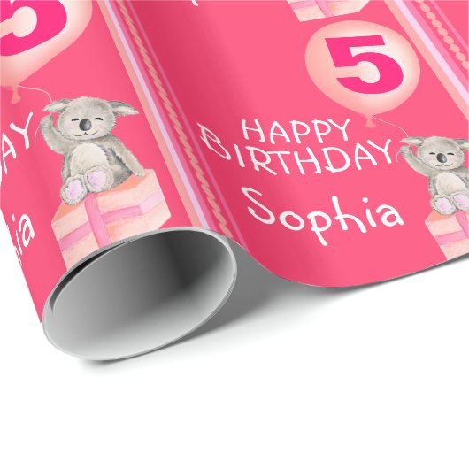 女の子の一流の年齢5のかわいいコアラの誕生日の気球の覆い ラッピングペーパー (ロールコーナー)