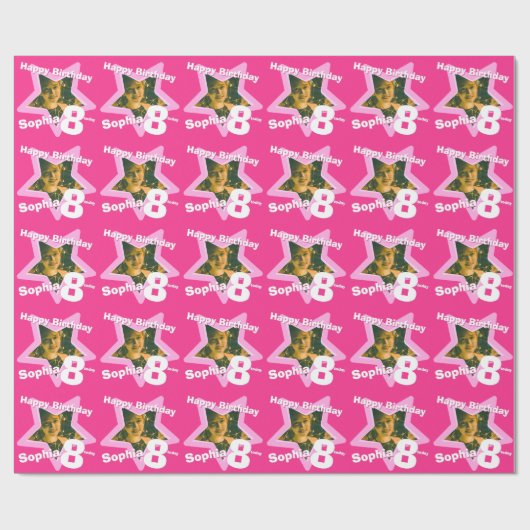 女の子の一流の年齢8はあなたの写真のピンクの星パターンを加えます ラッピングペーパー (フラット)