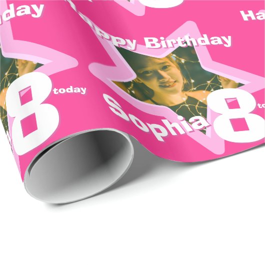 女の子の一流の年齢8はあなたの写真のピンクの星パターンを加えます ラッピングペーパー (ロールコーナー)