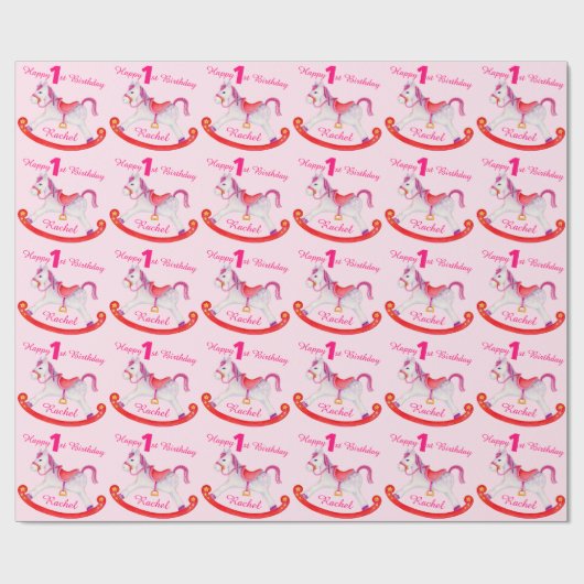 女の子の一流の揺り木馬の第1誕生日パターン覆い ラッピングペーパー (フラット)