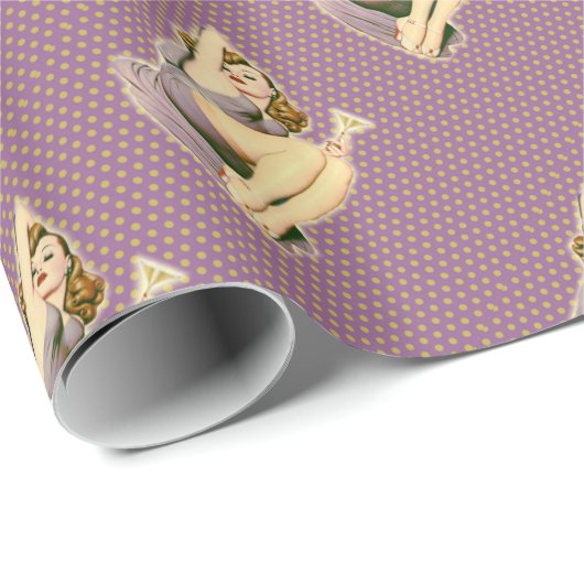 女の子の上の紫色の水玉模様のマルティーニのロカビリーピン ラッピングペーパー (ロールコーナー)