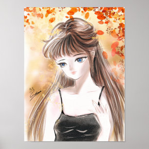 女の子の下の紅葉イラストレーションポスター ポスター