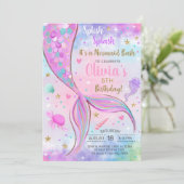 女の子の人魚の水色と金ゴールド誕生日招待状。 招待状 (スタンド正面)