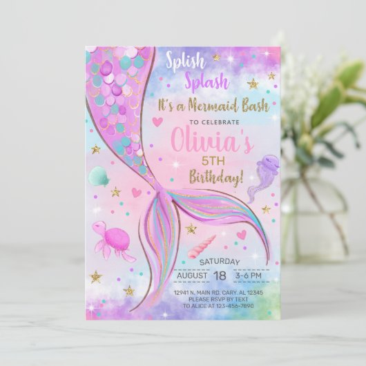 女の子の人魚の水色と金ゴールド誕生日招待状。 招待状 (スタンド正面)