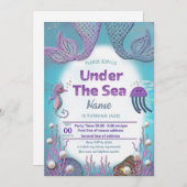 女の子の人魚の誕生日パーティーの招待 招待状 (正面/裏面)