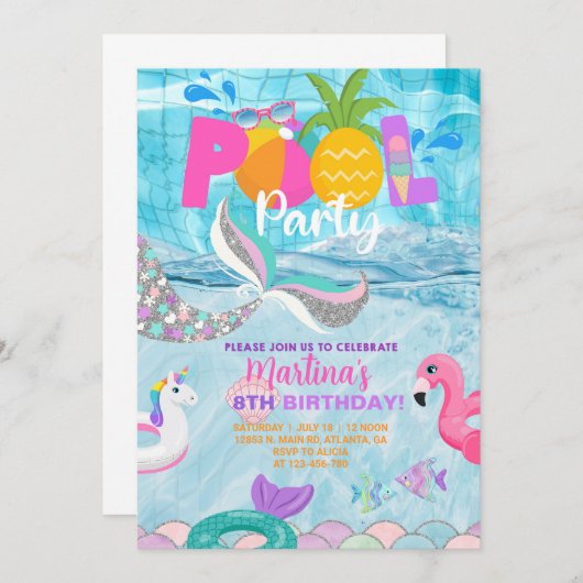 女の子の人魚プールパーティー、プールbash夏の招待状。 招待状 (正面/裏面)