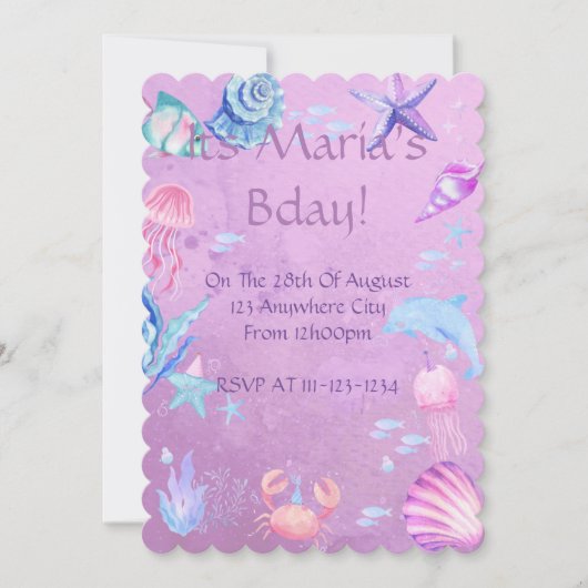 女の子の人魚 海 テーマの誕生日招待状 招待状 (正面)