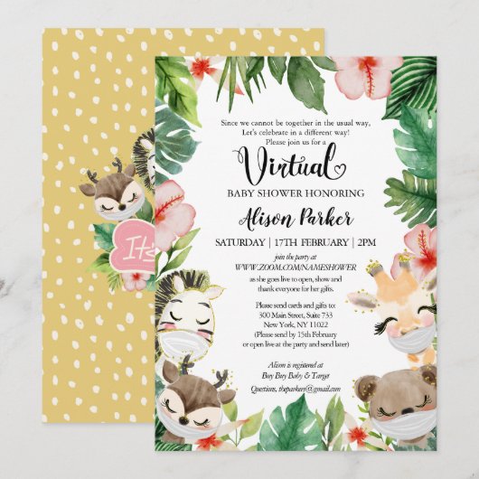女の子の仮想ベビーシャワー | サファリの友達 招待状 (正面/裏面)