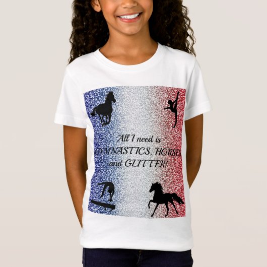 女の子の体操、馬、グリッター愛国心 Tシャツ (正面)