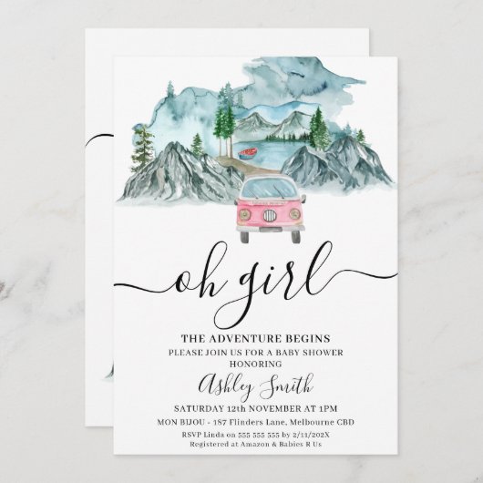 女の子の冒険が荒野を始める赤ちゃんシャワー 招待状 (正面/裏面)