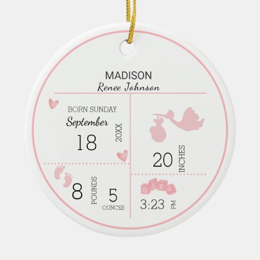 女の子の写真のパーソナライズされた誕生のお知らせ セラミックオーナメント (正面)