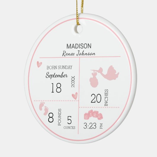 女の子の写真のパーソナライズされた誕生のお知らせ セラミックオーナメント (左)