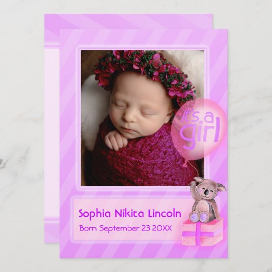 女の子の写真のベビー生まれたばかりのピンク 案内状 (正面/裏面)