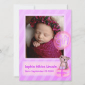 女の子の写真のベビー生まれたばかりのピンク 案内状 (正面)