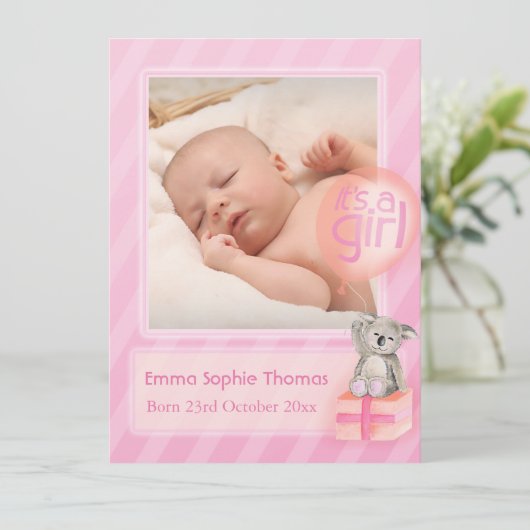 女の子の写真のベビー生まれたばかりの告知カードだ 案内状 (スタンド正面)