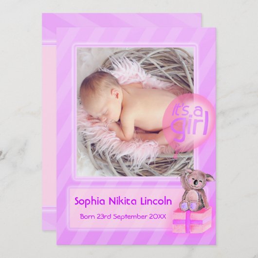 女の子の写真のベビー生まれたばかりの告知カードだ 案内状 (正面/裏面)