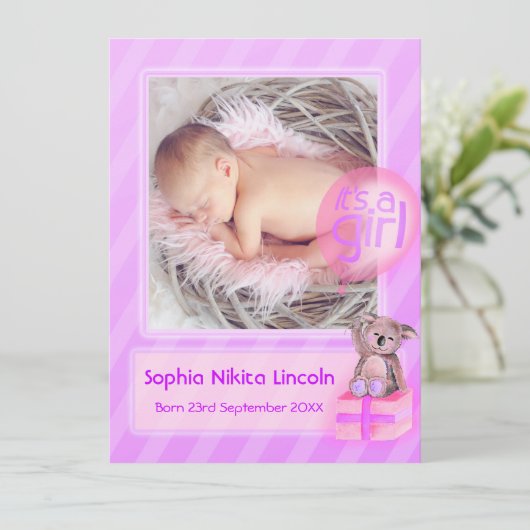 女の子の写真のベビー生まれたばかりの告知カードだ 案内状 (スタンド正面)