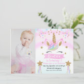 女の子の写真のユニコーンの誕生日の招待状 招待状 (スタンド正面)