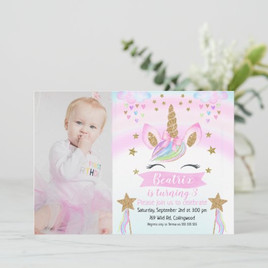 女の子の写真のユニコーンの誕生日の招待状 招待状 (スタンド正面)