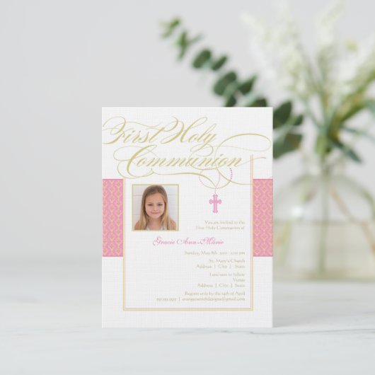 女の子の写真の最初聖餐の招待状-ピンク 招待状 (スタンド正面)