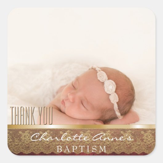 女の子の写真の洗礼は金ゴールドの花柄のレース感謝していしています スクエアシール (正面)