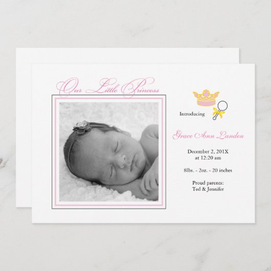 女の子の写真の誕生の発表-小さいプリンセス 案内状 (正面/裏面)