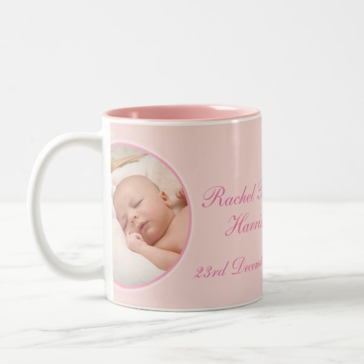 女の子の写真ベビー記念生まれたばかりのマグカップだ ツートーンマグカップ (左)