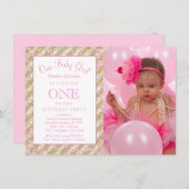 女の子の写真1st誕生日パーティーピンクの金ゴールド紙吹雪 招待状 (正面/裏面)