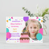女の子の写真 かわいい ピンク パープル 誕生日パーティー 招待状 (スタンド正面)
