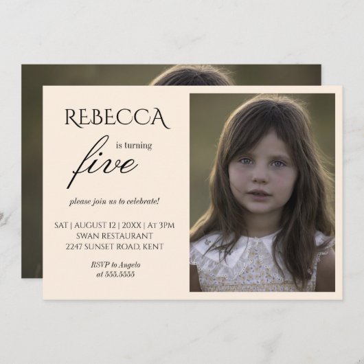 女の子の写真 アイボリー 誕生日パーティー招待状 招待状 (正面/裏面)