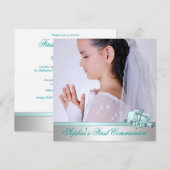 女の子の写真 ティールブルー 初領聖体 招待状 (正面/裏面)